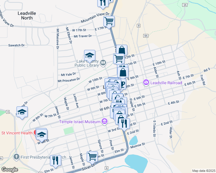 map of restaurants, bars, coffee shops, grocery stores, and more near in Leadville