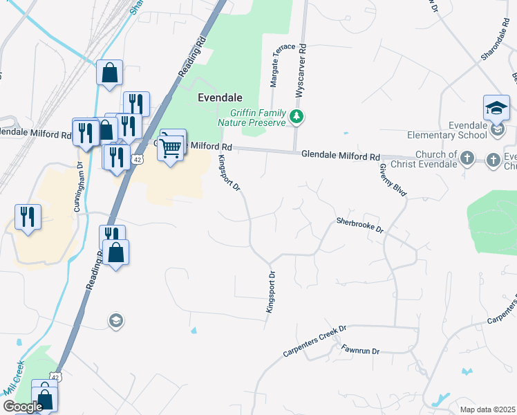 map of restaurants, bars, coffee shops, grocery stores, and more near 3312 Braewood Drive in Cincinnati