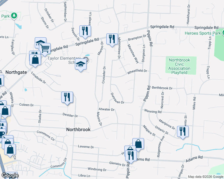 map of restaurants, bars, coffee shops, grocery stores, and more near 9869 Dunraven Drive in Cincinnati
