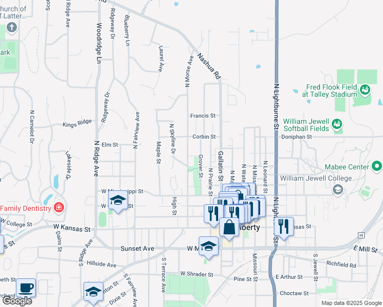 map of restaurants, bars, coffee shops, grocery stores, and more near 417 North Morse Avenue in Liberty
