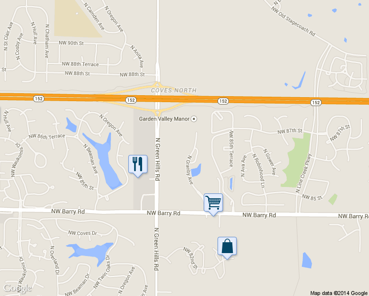 map of restaurants, bars, coffee shops, grocery stores, and more near 8550 North Granby Avenue in Kansas City
