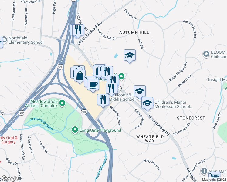 map of restaurants, bars, coffee shops, grocery stores, and more near 4420 Long Gate Parkway in Ellicott City