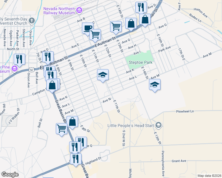 map of restaurants, bars, coffee shops, grocery stores, and more near 1175 Avenue M in Ely
