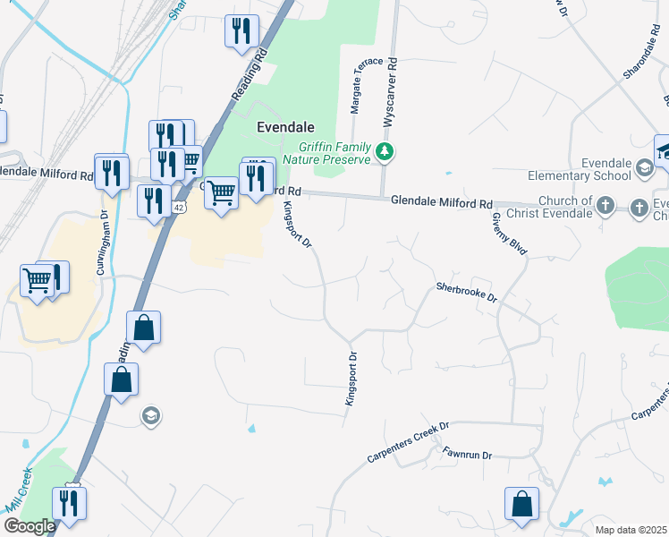 map of restaurants, bars, coffee shops, grocery stores, and more near 3312 Braewood Drive in Cincinnati