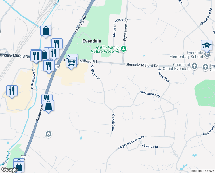 map of restaurants, bars, coffee shops, grocery stores, and more near 3312 Braewood Drive in Cincinnati