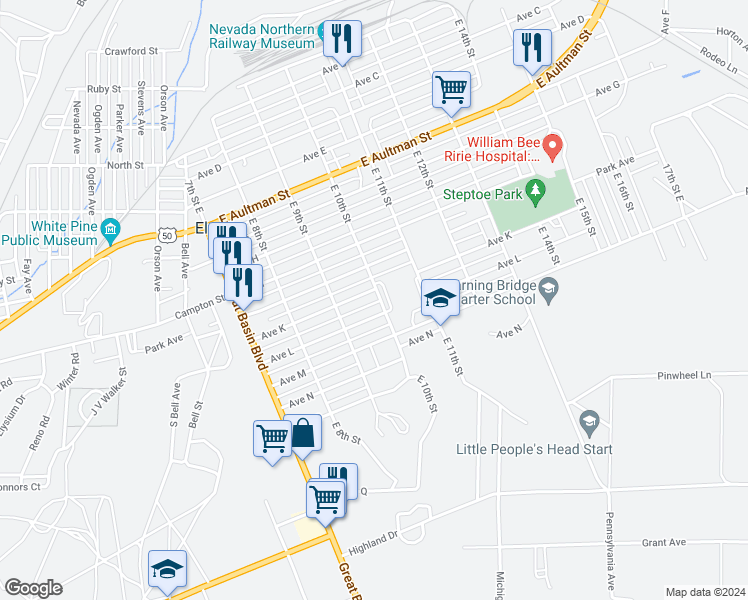 map of restaurants, bars, coffee shops, grocery stores, and more near 990 Avenue K in Ely