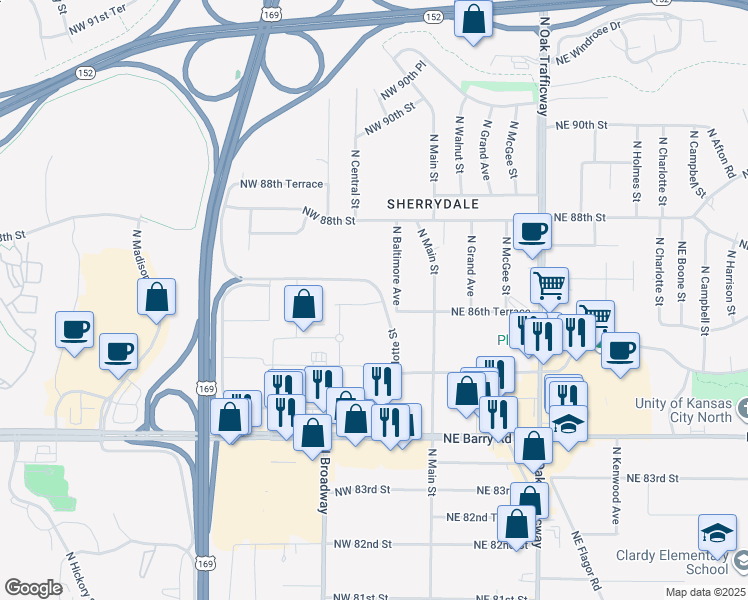 map of restaurants, bars, coffee shops, grocery stores, and more near 8660 North Wyandotte Street in Kansas City