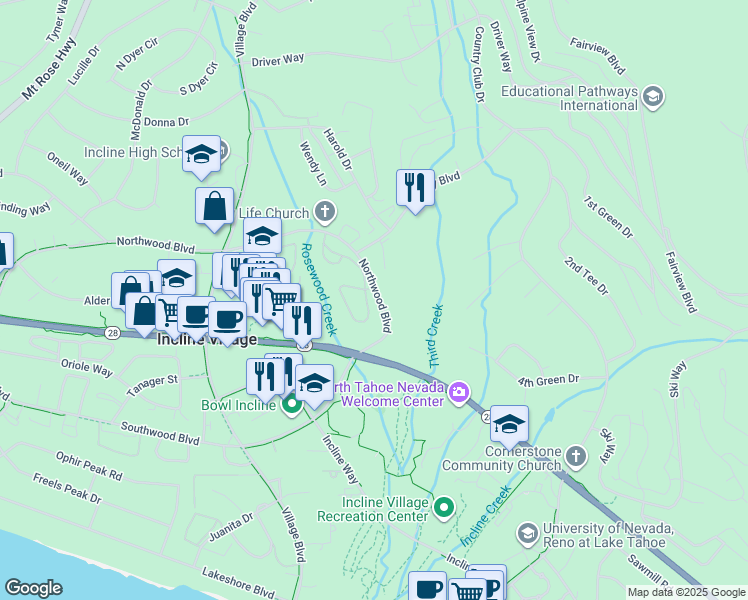 map of restaurants, bars, coffee shops, grocery stores, and more near 929 Northwood Boulevard in Incline Village