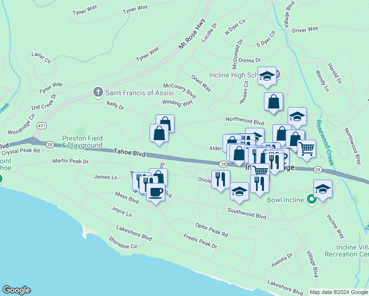map of restaurants, bars, coffee shops, grocery stores, and more near 807 Alder Avenue in Incline Village
