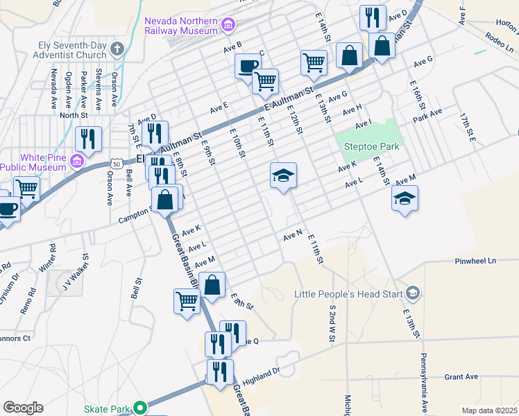 map of restaurants, bars, coffee shops, grocery stores, and more near 990 Avenue K in Ely
