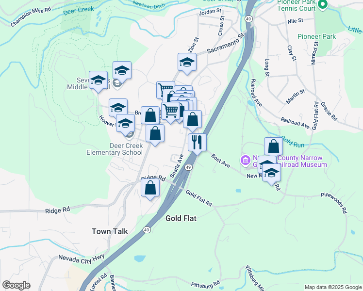 map of restaurants, bars, coffee shops, grocery stores, and more near 134 Mine Rock Road in Nevada City