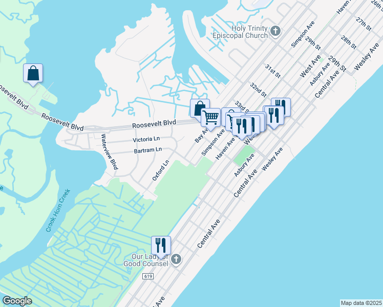 map of restaurants, bars, coffee shops, grocery stores, and more near 125 36th Street in Ocean City