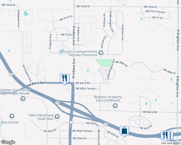 map of restaurants, bars, coffee shops, grocery stores, and more near 8701 North Indiana Avenue in Kansas City