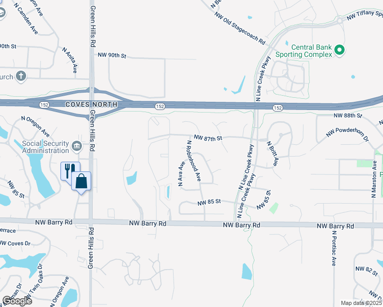 map of restaurants, bars, coffee shops, grocery stores, and more near 8567 North Ava Avenue in Kansas City