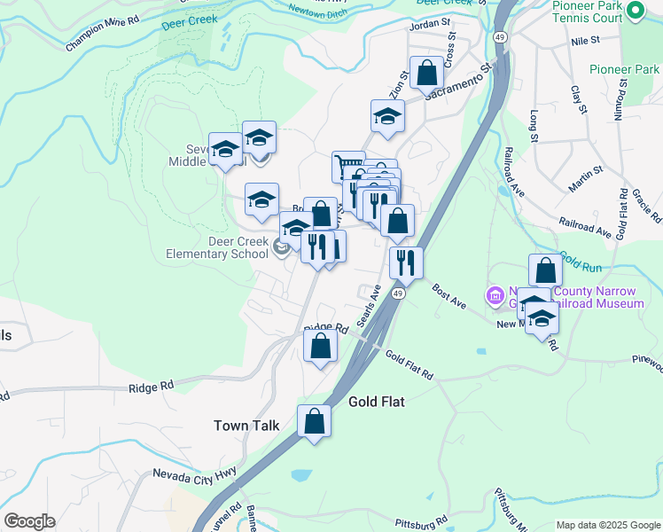 map of restaurants, bars, coffee shops, grocery stores, and more near 71 Mine Rock Road in Nevada City