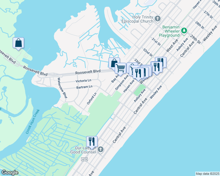 map of restaurants, bars, coffee shops, grocery stores, and more near 125 36th Street in Ocean City