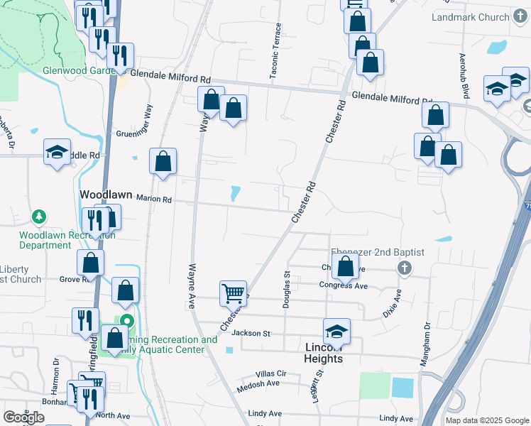 map of restaurants, bars, coffee shops, grocery stores, and more near 721 Marion Road in Cincinnati