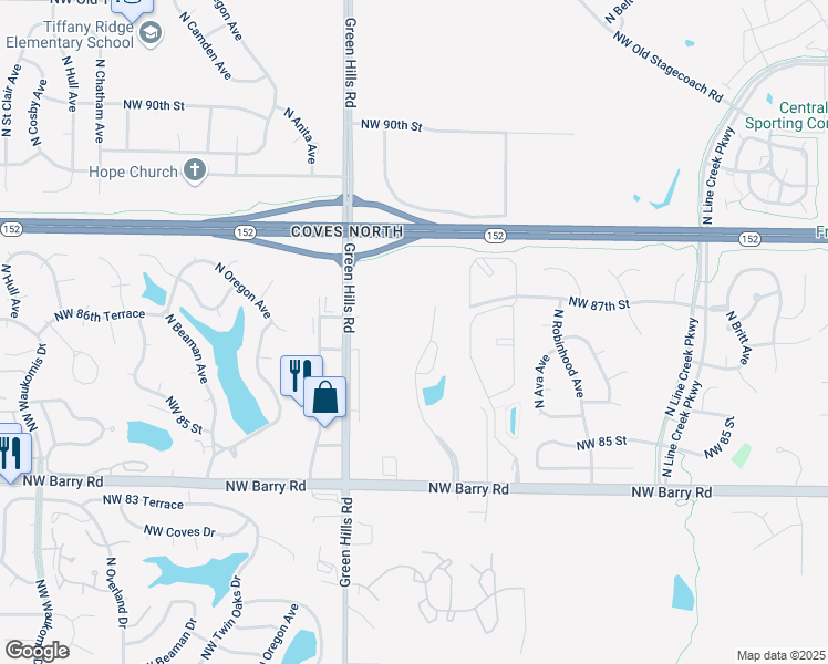 map of restaurants, bars, coffee shops, grocery stores, and more near 8550 North Granby Avenue in Kansas City