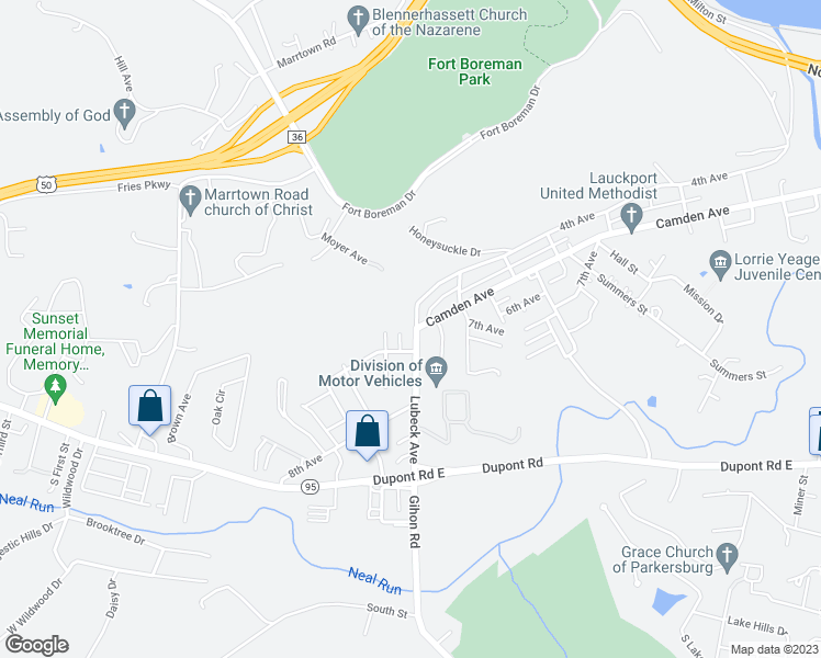 map of restaurants, bars, coffee shops, grocery stores, and more near 412 Lubeck Avenue in Parkersburg