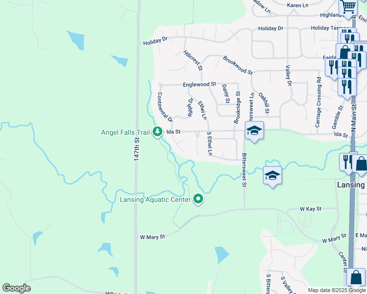 map of restaurants, bars, coffee shops, grocery stores, and more near 77 Continental Drive in Lansing