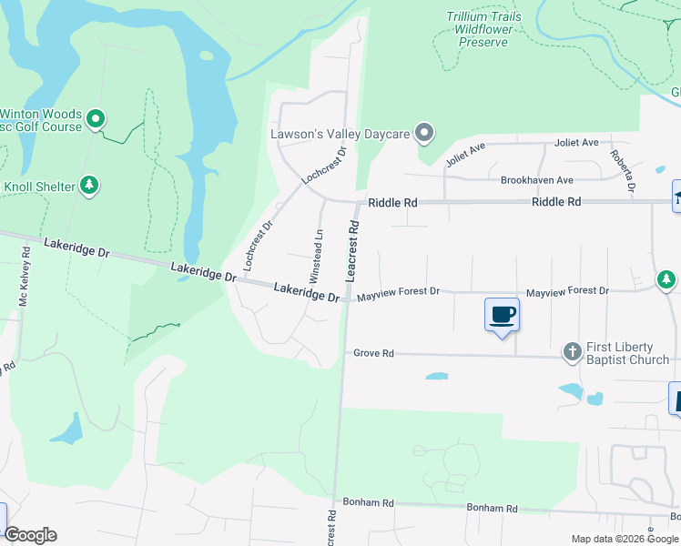 map of restaurants, bars, coffee shops, grocery stores, and more near 10116 Leacrest Road in Cincinnati