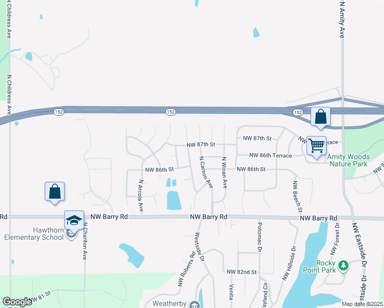 map of restaurants, bars, coffee shops, grocery stores, and more near 8609 North McDonald Avenue in Kansas City