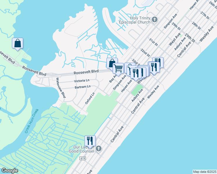 map of restaurants, bars, coffee shops, grocery stores, and more near 125 36th Street in Ocean City