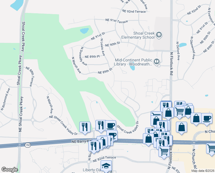 map of restaurants, bars, coffee shops, grocery stores, and more near 8703 North Lewis Avenue in Kansas City