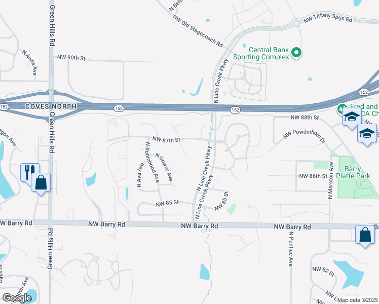 map of restaurants, bars, coffee shops, grocery stores, and more near 8623 North Belton Avenue in Kansas City