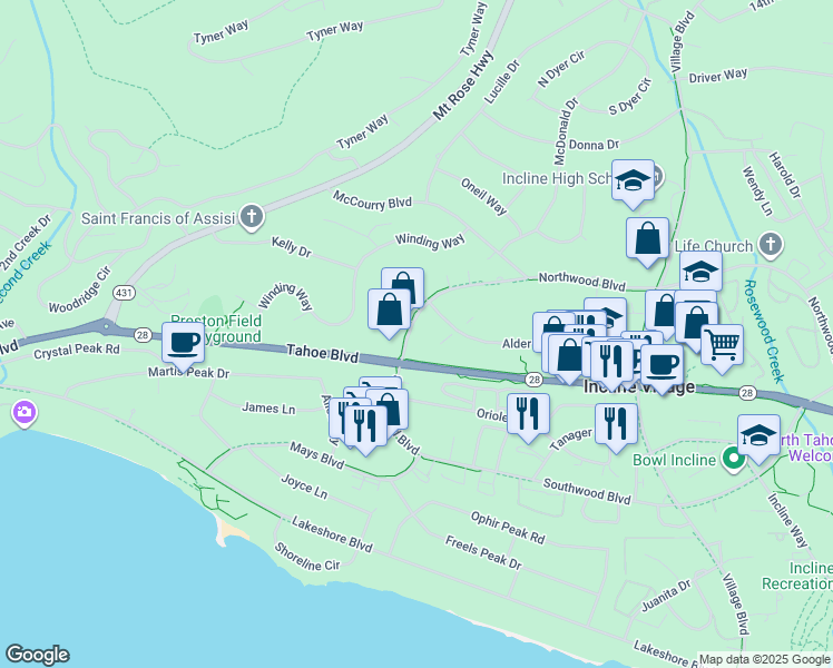 map of restaurants, bars, coffee shops, grocery stores, and more near 804 Nevada 28 in Incline Village