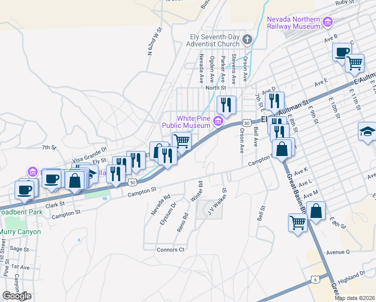 map of restaurants, bars, coffee shops, grocery stores, and more near 6 Ely Avenue in Ely