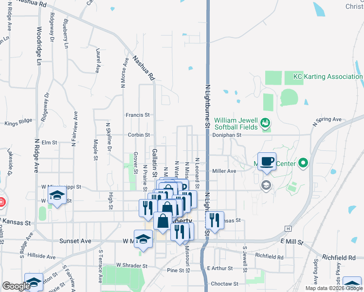 map of restaurants, bars, coffee shops, grocery stores, and more near 414 North Missouri Street in Liberty