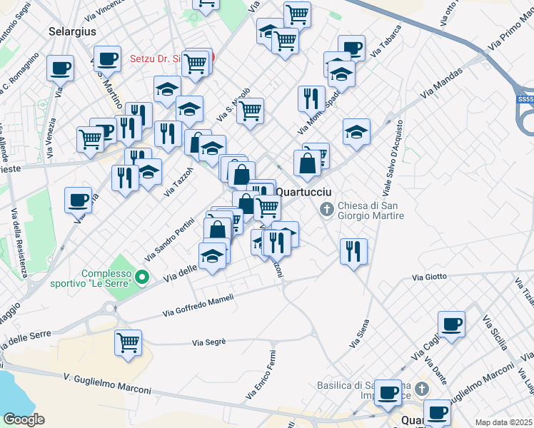map of restaurants, bars, coffee shops, grocery stores, and more near 30 Via Somalia in Quartucciu