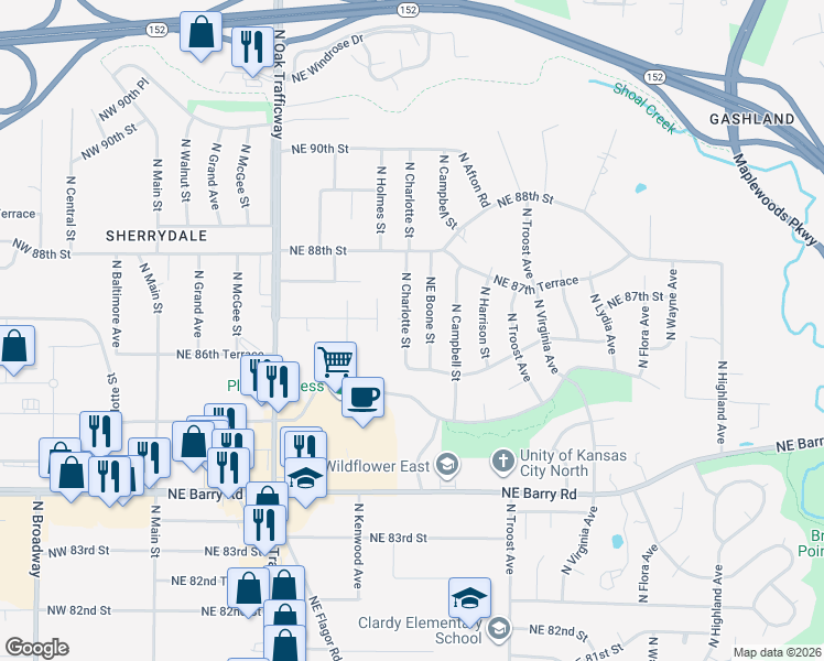 map of restaurants, bars, coffee shops, grocery stores, and more near 8709 North Charlotte Street in Kansas City