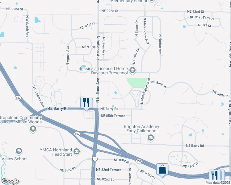 map of restaurants, bars, coffee shops, grocery stores, and more near 8701 North Indiana Avenue in Kansas City