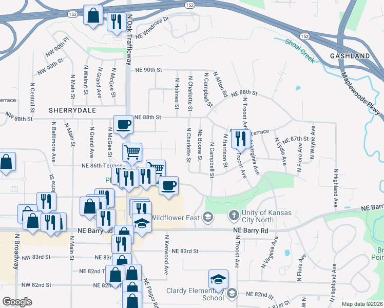 map of restaurants, bars, coffee shops, grocery stores, and more near 8709 North Charlotte Street in Kansas City