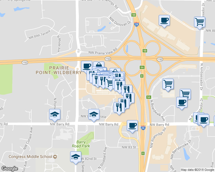 map of restaurants, bars, coffee shops, grocery stores, and more near 8787 Northwest Prairie View Road in Kansas City