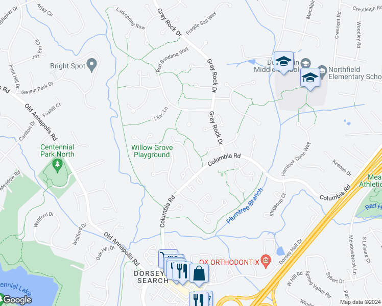 map of restaurants, bars, coffee shops, grocery stores, and more near 4634 Smokey Wreath Way in Ellicott City