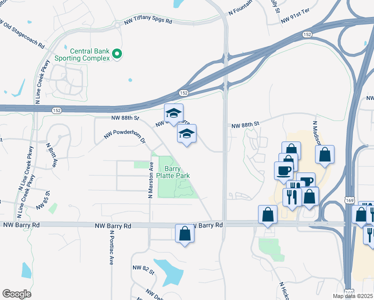 map of restaurants, bars, coffee shops, grocery stores, and more near 1951 Northwest 87th Terrace in Kansas City