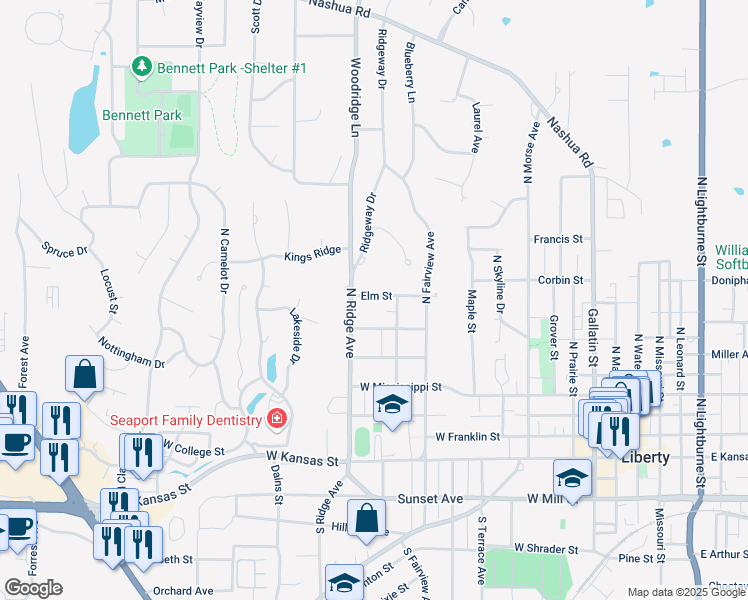 map of restaurants, bars, coffee shops, grocery stores, and more near 730 Elm Street in Liberty