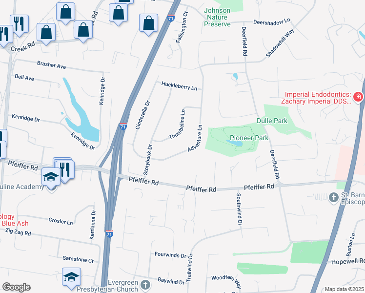 map of restaurants, bars, coffee shops, grocery stores, and more near 7245 Thumbelina Lane in Cincinnati