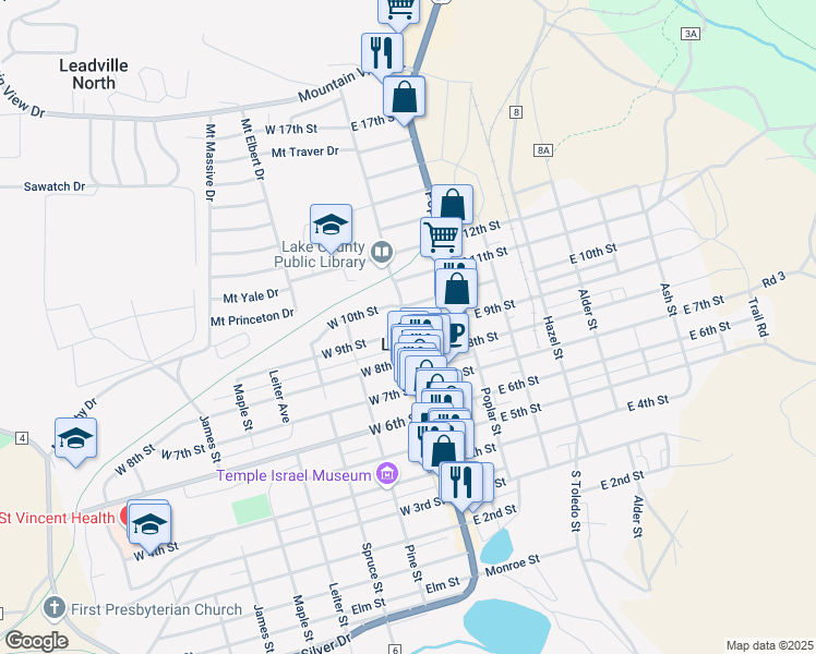 map of restaurants, bars, coffee shops, grocery stores, and more near 912 Harrison Avenue in Leadville