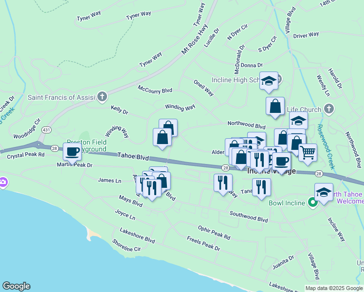 map of restaurants, bars, coffee shops, grocery stores, and more near in Incline Village