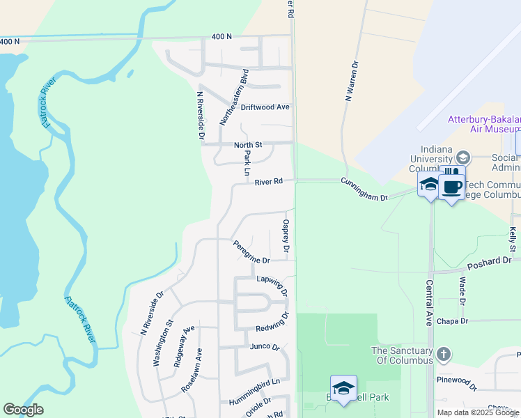 map of restaurants, bars, coffee shops, grocery stores, and more near 1085 River Road in Columbus