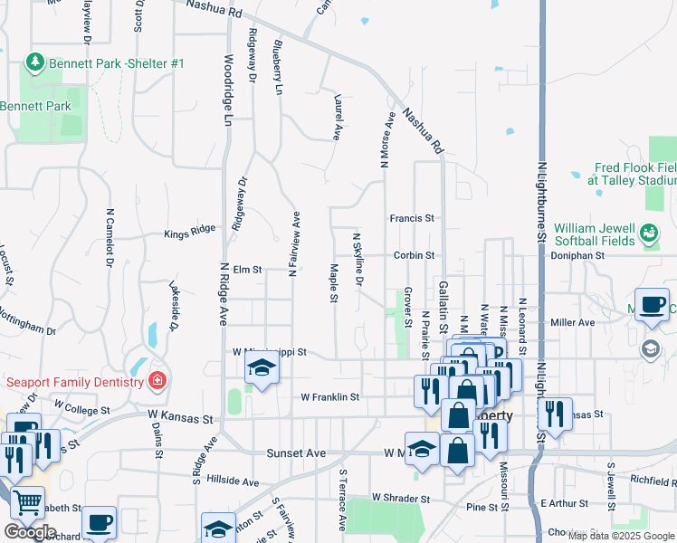 map of restaurants, bars, coffee shops, grocery stores, and more near 425 Maple Street in Liberty