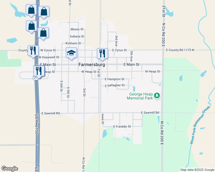 map of restaurants, bars, coffee shops, grocery stores, and more near 208 South 2nd Avenue in Farmersburg