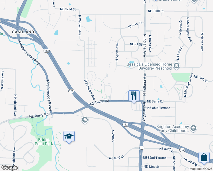 map of restaurants, bars, coffee shops, grocery stores, and more near 8703 North Kansas Avenue in Kansas City