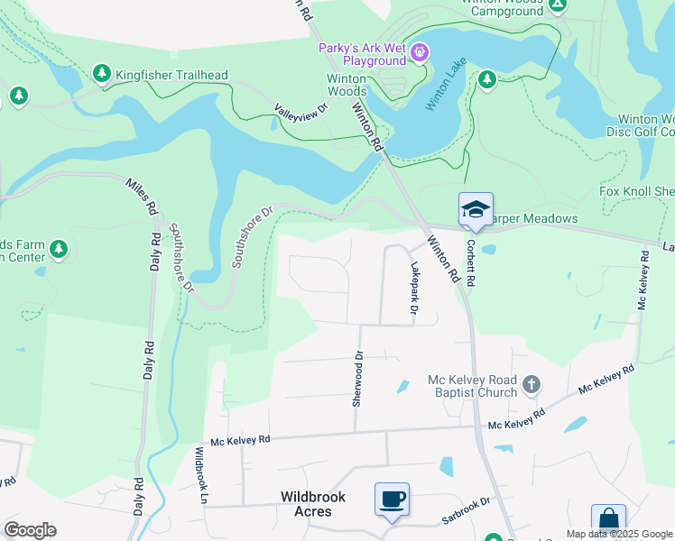 map of restaurants, bars, coffee shops, grocery stores, and more near 10012 Winlake Drive in Cincinnati