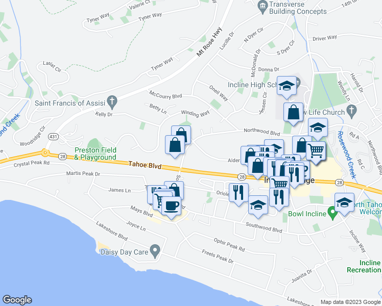 map of restaurants, bars, coffee shops, grocery stores, and more near in Incline Village