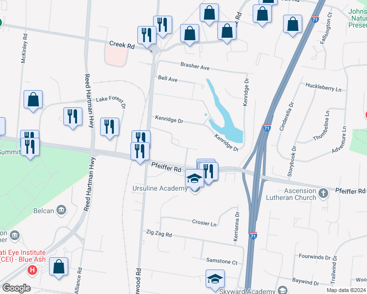 map of restaurants, bars, coffee shops, grocery stores, and more near 5342 Hickory Trail Lane in Blue Ash